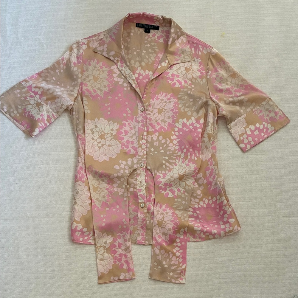 Lafayette 148 New York Pink and Cream Patterned Tie and button down silk top